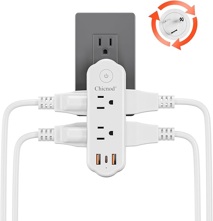 Outlet Extender Surge Protector, 360° Rotating Plug Power Strip with 6 AC Outlets, 3-Sided Space Saving Design, 3 Ports (2 USB-A + 1 USB-C) Multi Plug Expander On/Off Switch for Home, Office, Travel