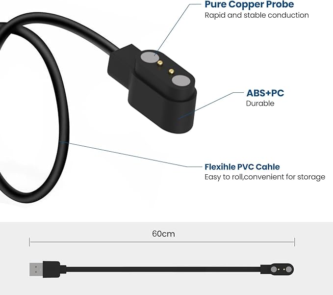 Smart Watch Chargers Compatible for FITVII HM78 HM68 HM58 HM57 H56, Iaret I18, Morepro HM57 HM78, Parsonver SR1 Replacement Charging Cable 60cm, 2Pack (Black&Black)