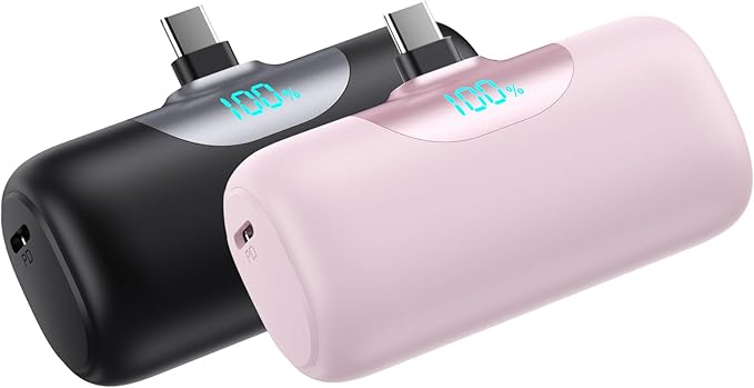 [2 Packs]Mini Portable Charger for iPhone 17, 5500mAh LCD Display USB C Power Bank,Fast Phone Charging Travel Pocket Size Battery Pack for iPhone 17/17 Pro/17 Pro Max/16/15 Series,Android(Black+Pink)