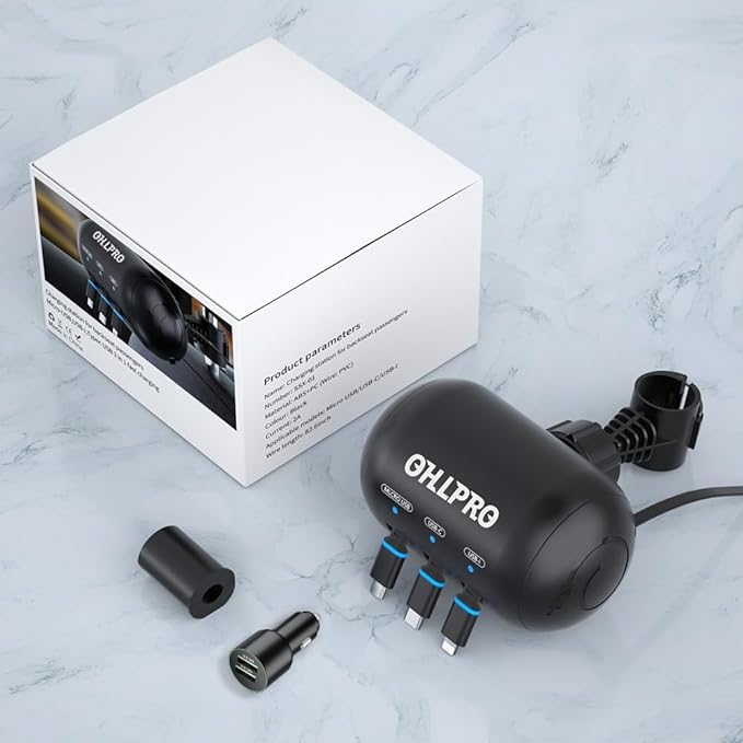 OHLPRO Multi Car Retractable Backseat 3 in 1 Car Charging Station Box Compatible with All Phones | iPhone | Samsung | Uber Taxi Lyft Turo Ride Share Customer Charging Dock Attach to Headrest