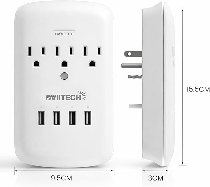 Oviitech Multi Outlet Wall Mount Adapter Surge Protector with 4 (4.2 AMP) USB Charging Ports,3 Outlet Extender Socket Plugs,White,ETL Certified.