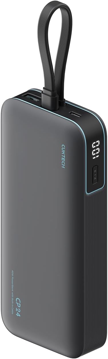 CUKTECH 20,000mAh Power Bank with Built-in USB-C Cable, 40W PD Fast Charging Portable Charger, 3-Port Battery Pack for iPhone 17/16, Samsung S26/S25, iPad Pro, MacBook Air, Travel Essentials