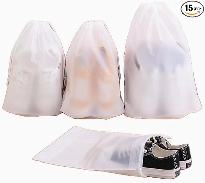 15-piece travel white frosted drawstring storage bags for gym clothes, underwear, shoes, and clothing packaging. 3 sizes, 5 pieces each (15.7 x 11.8 in; 7.9 x 11.8 in; 7.0 x 9.8 in)