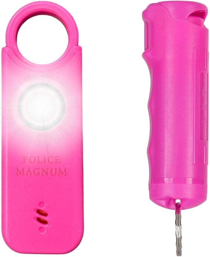 Police Magnum Personal Safety Alarm & Pepper Spray Combo Self Defense Pack for Women- Loud 135db Siren with Light & Max Strength Flip Top Pepper Spray Protection