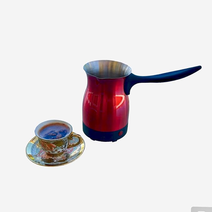 Electric Turkish Coffee Maker Kettle Pot Stainless Steel Cool Touch Handle Travel Size, Fast Boil & Keeps Water Boiling for Arabic & Greek Coffee, Tea 0.3L (RED)