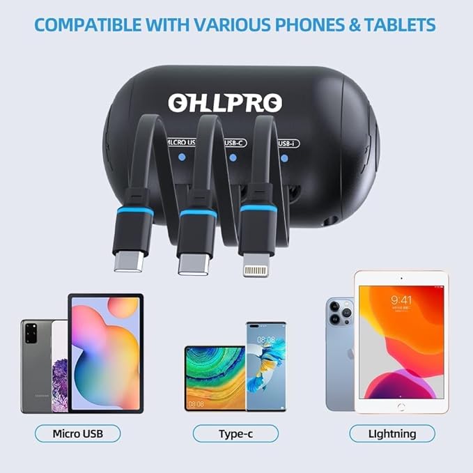 OHLPRO Multi Car Retractable Backseat 3 in 1 Car Charging Station Box Compatible with All Phones | iPhone | Samsung | Uber Taxi Lyft Turo Ride Share Customer Charging Dock Attach to Headrest