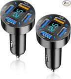 Car Charger 66W Super Fast Charging with USB 2.4A&QC 3.0(Voltmeter&LED Lights) Universal Quick Charge for 12-24V Car Cigarette Lighter Plug,Compatible with iPhone 14 13 12,S22 (2Pcs-Black-QC/2.4A)