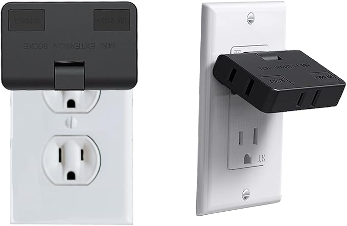 ETwinCoo 3-Way Flat Wall Outlet Extender & Splitter, 2-Prong Swivel Mini Plug - Safe AC Adapter for Home/Travel, Type A Black (2 Pack)