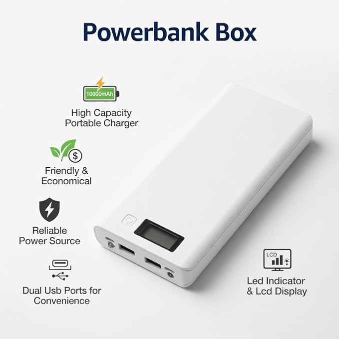 Portable 8x18650 Battery Power Bank Case, Dual USB Ports LCD Display, LED Indicator, for 3.7v Li ion Rechargeable Battery (White)