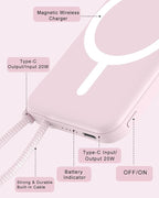 for Magsafe Power Bank, 5000mAh Magnetic Portable Charger with Built-in USB-C Cable, Wireless Battery Pack with 20W PD Fast Charging for iPhone 17/16/15/14/13/12 All Series-Pink