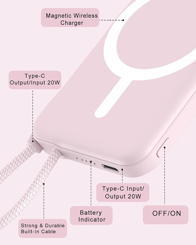 for Magsafe Power Bank, 5000mAh Magnetic Portable Charger with Built-in USB-C Cable, Wireless Battery Pack with 20W PD Fast Charging for iPhone 17/16/15/14/13/12 All Series-Pink