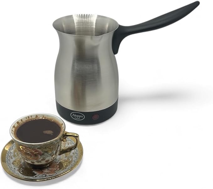 Electric Turkish Coffee Maker Kettle Pot Stainless Steel Cool Touch Handle Travel Size, Fast Boil & Keeps Water Boiling for Arabic & Greek Coffee, Tea 0.3L (SILVER)