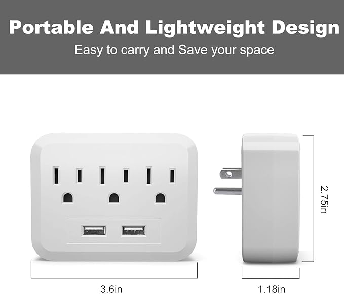 USB Wall Charger Socket Extender - Featuring 2 USB Charging Ports, 3 Outlet Plugs, Socket Adapter, Compact Travel Plug Extension, White