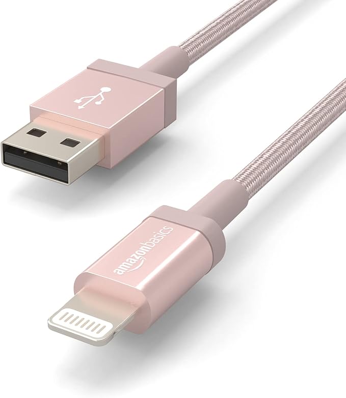 Amazon Basics USB-A to Lightning Cable, Apple MFi Certified, Nylon Braided Cord for iPhone 14 13 12 11 X Xs Pro, Pro Max, Plus, iPad, High Speed Transfer, 6 Foot, Rose Gold