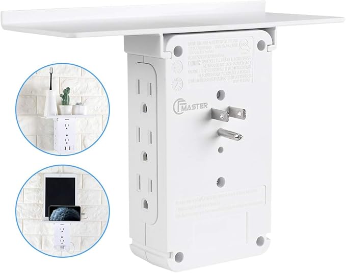 Socket Wall Shelf-CFMASTER 10 Port Surge Protector Wall Outlet, 8 Electrical Outlet Extenders and 2 USB Ports 2.4A, with Removable Built-In Shelf, FCC Listed (2, White)