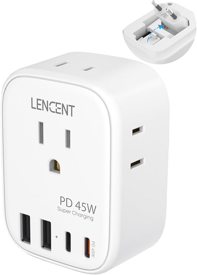 LENCENT European Travel Plug Adapter, PD 45W Type C Foldable Power Plug with 4 Outlets 4 USB Ports, USB Fast Charger Adaptor, Power Adaptor for US to Most of Europe EU Spain Italy France Germany