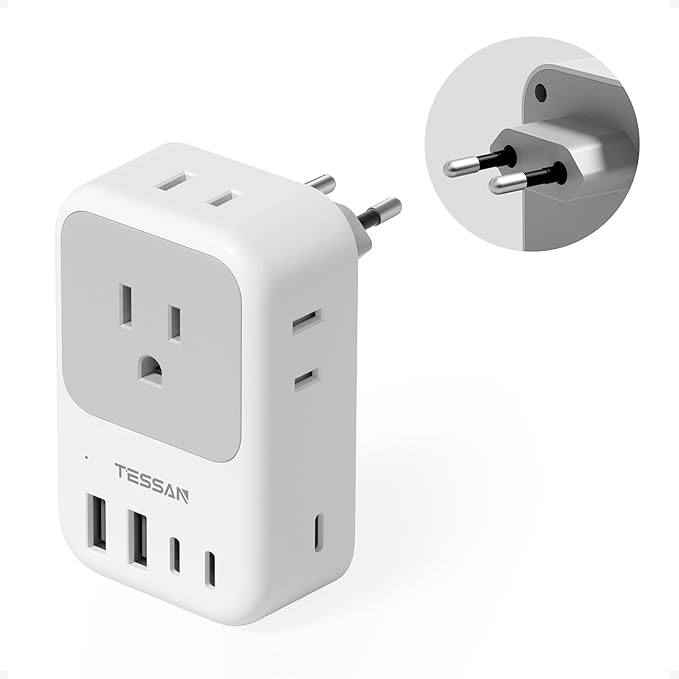European Travel Plug Adapter 28W, TESSAN US to Europe Plug Adapter with 4 Outlets 5 USB Ports (3 USB C), Type C Power Adaptor for USA to EU Euro Italy Spain France Iceland Germany Greece Portugal