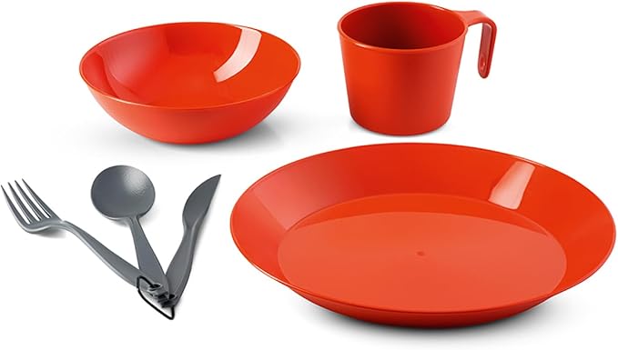 GSI Outdoors Cascadian Table Set I 6-Piece Camping, Backpacking Mess Kit, Plastic BPA Free, Plate, Bowl, Mug, Cup & Cutlery Set