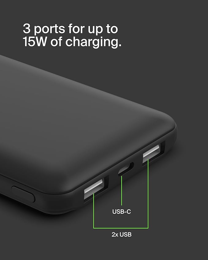 Belkin Portable Charger - 15W 3 Port Power Bank Battery Pack with 10000mAh Battery - Fast Charging for iPhone, Samsung Phone, More - USB C to A Cable Included