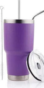 D·S 30oz Purple Tumbler Stainless Steel Double Wall Vacuum Insulated Mug with Straw and Lid, Cleaning Brush for Cold and Hot Beverages (30oz Purple)…