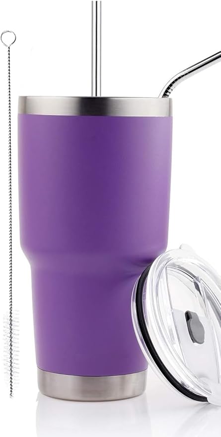 D·S 30oz Purple Tumbler Stainless Steel Double Wall Vacuum Insulated Mug with Straw and Lid, Cleaning Brush for Cold and Hot Beverages (30oz Purple)…