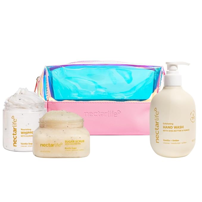 Nectar Life Daily Glow Kit Body Skin Care Set, Whipped Soap, Sugar Body Scrub, Hand Wash (Full Size, Vanilla)