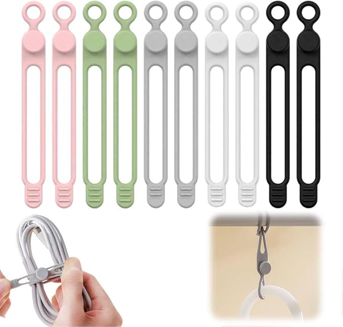 12PC Data Cable Organizer, 2026 Upgrade Silicone Cable Ties Reusable Cable Management Organizers, Multipurpose Elastic Cord Organizer for Fastening and Bundling Cable Cords Wires (10PC Mix)