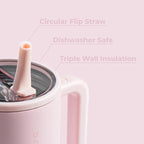HydroJug Traveler - 32 oz Water Bottle with Handle & Flip Straw - Fits in Cup Holder, Leak Resistant Tumbler-Reusable Insulated Stainless Steel & Rubber Base - Gifts for Women & Men, Pink Sand
