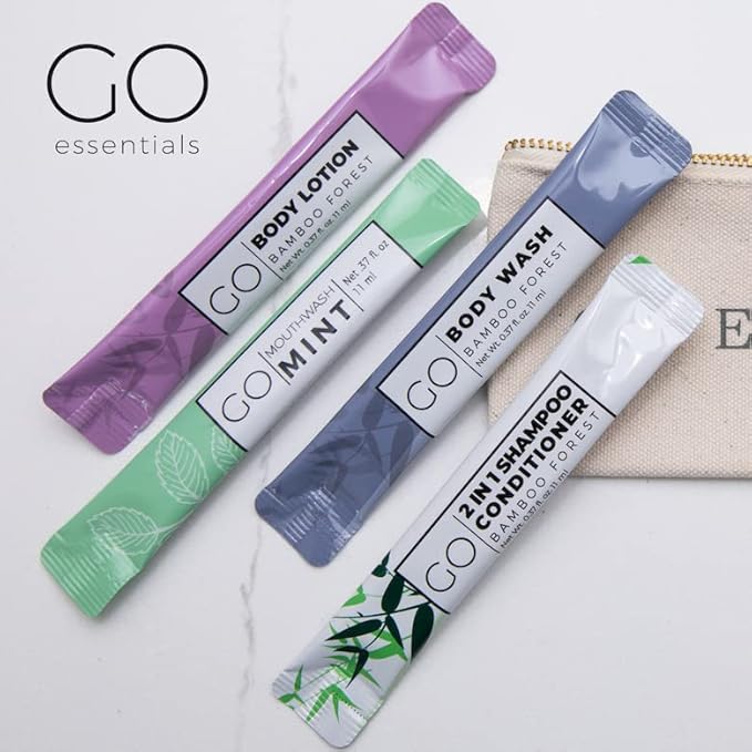 Go Essentials - Bundle Sets (Bamboo Forest and Refreshing Mint, 80 Packets Total (20 of Each)) Travel size mouthwash, shampoo/conditioner, body wash, body lotion.