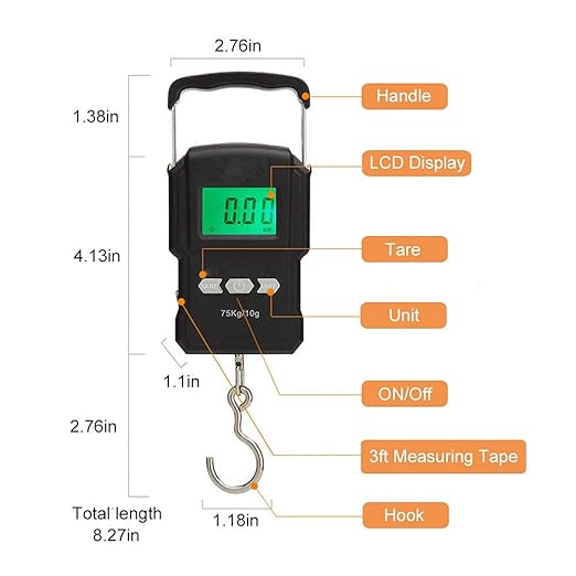 Rechargeable Lugagge Scale Portable Electronic Hook Scale Digital Hanging Bag Luggage Weight Scale Fishing Scale with Measuring Tape 165Lb Black