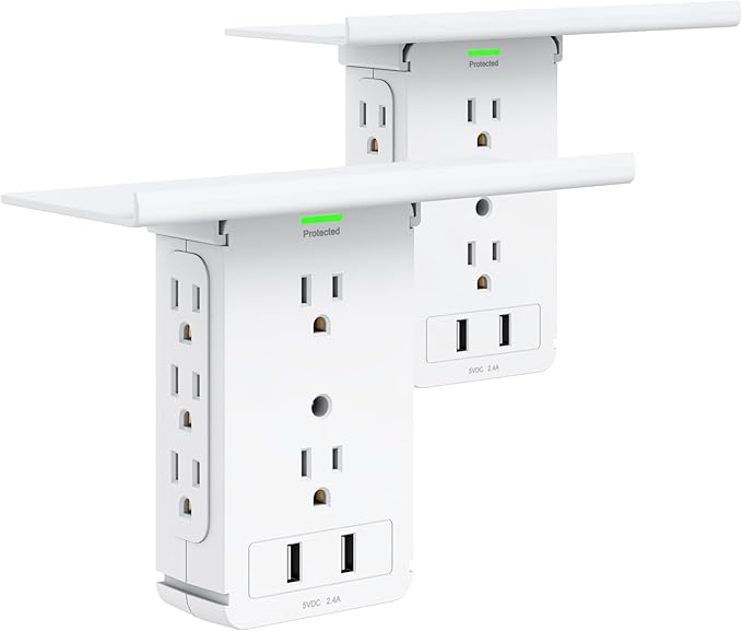 Socket Wall Shelf-CFMASTER 10 Port Surge Protector Wall Outlet, 8 Electrical Outlet Extenders and 2 USB Ports 2.4A, with Removable Built-In Shelf, FCC Listed (2, White)