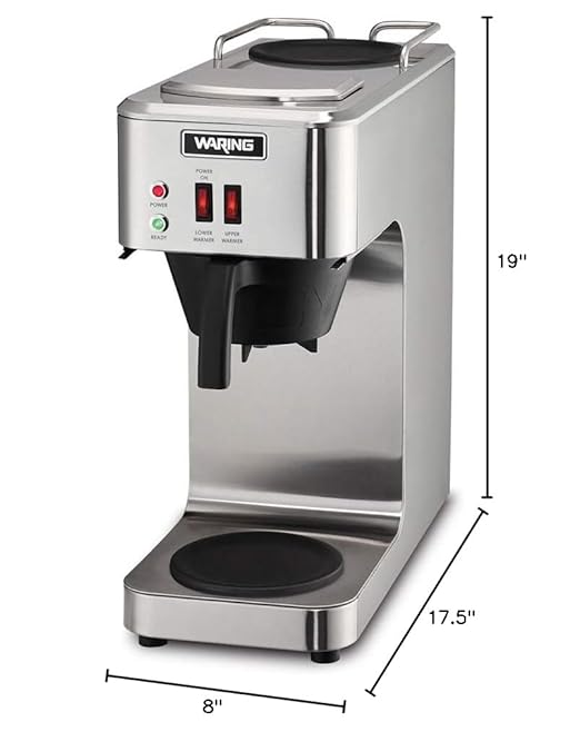 Waring WCM50 Café Deco Pour Over Decanter Coffee Brewer, Stainless Steel Construction, Two Individually Operated Warmers, No Plumbing Required, 120V, 5-15 Phase Plug,Silver
