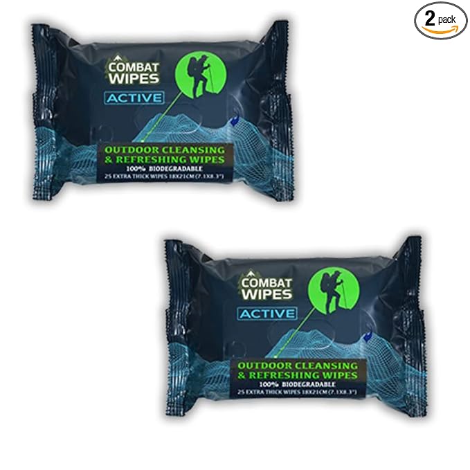 Combat Wipes ACTIVE Outdoor Wet Wipes - Extra Thick Camping Gear, Biodegradable, Body & Hand Cleansing/Refreshing Cloths for Backpacking & Gym w/Natural Aloe & Vitamin E(2 pack, 25 wipes each)