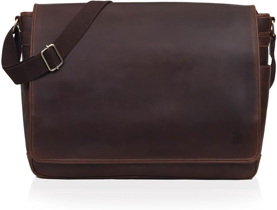 Leather Farm Messenger Bag for Men & Women 15.6 Inch – Premium Vintage Handmade Laptop Briefcase Satchel, Mens Shoulder Crossbody, Genuine Leather Computer Bag with Adjustable Strap Brown