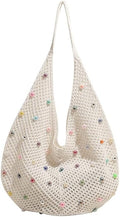 Boho Crochet Beach Tote Shoulder Bag with Colored Beads | Colorful Aesthetic Hippie Knit Bag for Women
