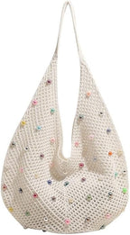 Boho Crochet Beach Tote Shoulder Bag with Colored Beads | Colorful Aesthetic Hippie Knit Bag for Women