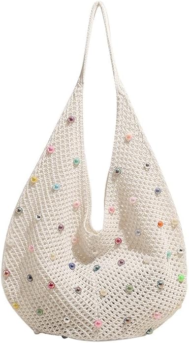 Boho Crochet Beach Tote Shoulder Bag with Colored Beads | Colorful Aesthetic Hippie Knit Bag for Women
