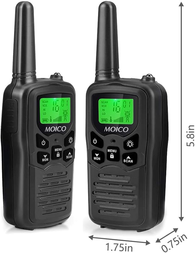 MOICO Long Range Walkie Talkies for Adults with 22 FRS Channels, Family Walkie Talkie with LED Flashlight VOX LCD Display for Hiking Camping Trip (Black 2 Pack)
