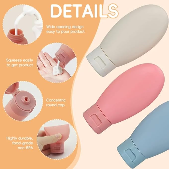Silicone Travel Bottles Set, 60ml Leak Proof Refillable Squeezable Containers with Carry Bag, 6 Pack in Pink, Blue, White for Shampoo, Soap, Toiletries