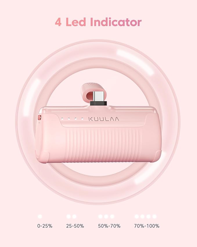 Kuulaa Portable Charger USB C with Built-in USB-C Plug, 4500mAh Mini Power Bank Small Battery Pack for iPhone 15/16,Samsung S22/S23 & Android (Pink)