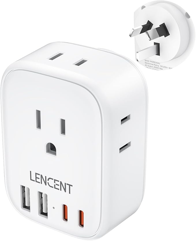 LENCENT Australia New Zealand Power Plug Adapter, US To Australia Plug Adapter with 4 Outlets, 4 USB Ports(2 USB C), Type I Plug Converter for US to AU Argentina China Fiji, Travel Essentials