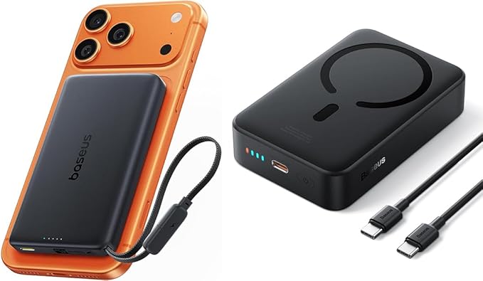 Baseus Picogo AM52 MagSafe Power Bank, Qi2.2 25W 10,000mAh 0.6" Slim Built-in 45W USB-C Cable, Bundle with 20000mAh Wireless Portable Charger for iPhone 17/16/15/14/13/12