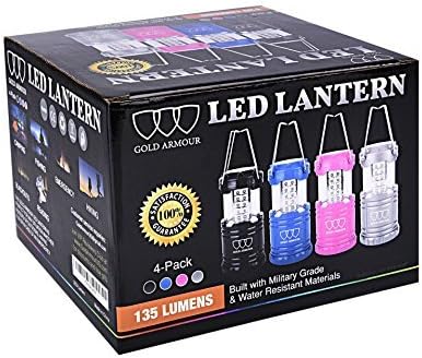 Gold Armour Camping Lanterns for Power Outages 4 Pack, Camping Essentials Lantern, Emergency Led Battery Operated Lights, Survival Kit and Gear for Hurricane (Multicolor)