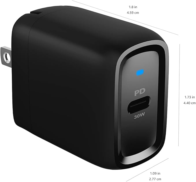 Amazon Basics 30W One-Port Foldable GaN USB-C Wall Charger with Power Delivery PD for Tablets & Phones (iPhone 16/15/14/13/12/11/X, iPad, Samsung, and More), Compact Travel Charger, Non-PPS, Black