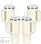 4 Pack 40 Oz Tumbler with Handle Bulk, Double Wall Vacuum Insulated Stainless Steel Tumbler with Lid and Straw, 40 oz cup with Silicone Spill Proof Stopper Set (Cream)