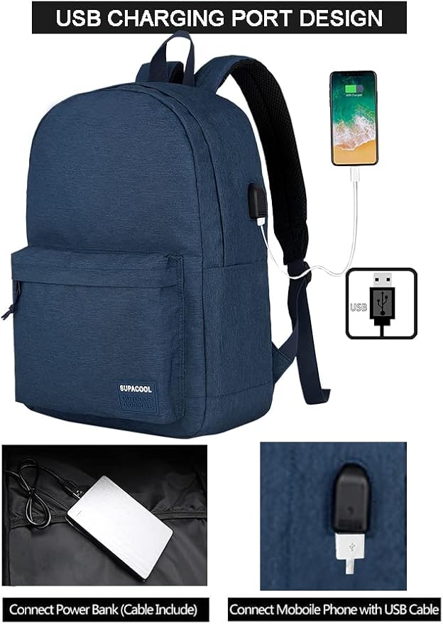 SUPACOOL Casual Laptop Backpack for Men and Women, Backpack for College, USB Charging Port, Lightweight Pack Back(Navy blue)