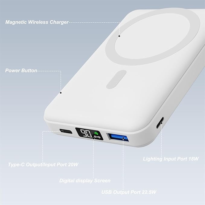 AOGUERBE for Magsafe Power Bank, 10000mAh Foldable Wireless Portable Charger with LED Display, 3 in 1 Magnetic Battery Pack with 22.5W Fast Charging for iPhone 17/16/15/14/13/12 Pro/Pro Max/Plus/Mini