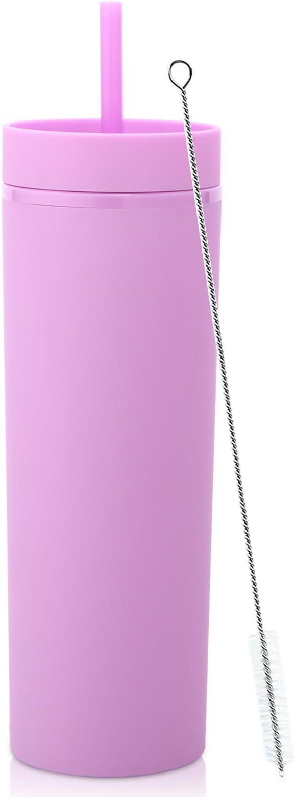 Volhoply 20oz Plastic Skinny Tumbler,Double Wall Tumblers with Lid and Straw,Reusable Travel Iced Coffee Mug,BPA Free Matte Acrylic Water Cups With Straw for Parties,DIY Gift(Purple,1 Set