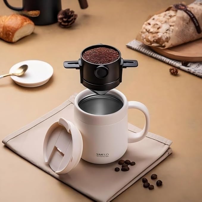 Portable Pour Over Coffee Dripper with Double Layer Stainless Steel Filter, Foldable Reusable Coffee Maker, No Paper Needed, Travel Coffee Filter for Mug, Office & Camping (Brown)