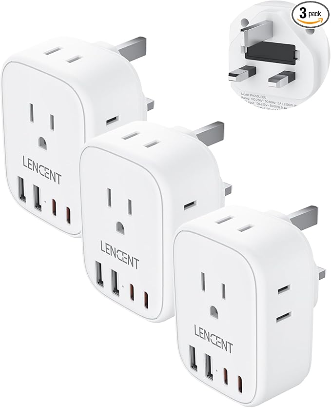 LENCENT 3 Pack US to UK Ireland Travel Plug Adapter,Grounded Type G Adapter For Travel with 4 Outlets 4 USB Ports (2 USB C), Power Plug for USA to Dubai Scotland British London England Hong Kong